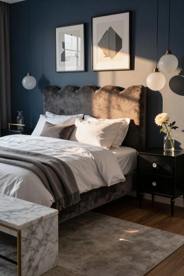 Elegant bedroom with a scalloped grey velvet bed, white linens, and marble accents.