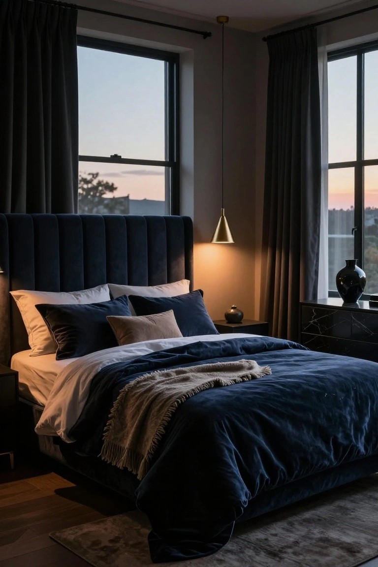 Bedroom with navy blue velvet tufted headboard bed, white and gray bedding, dark curtains on large windows, gold pendant lamp, black nightstand, and wooden floor.