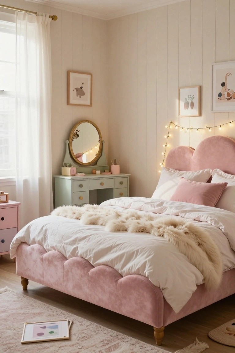 Bedroom with blush pink velvet cloud-shaped bed frame, white bedding draped with fur throw, mint green vanity table with round mirror, string lights on wall, and framed art.