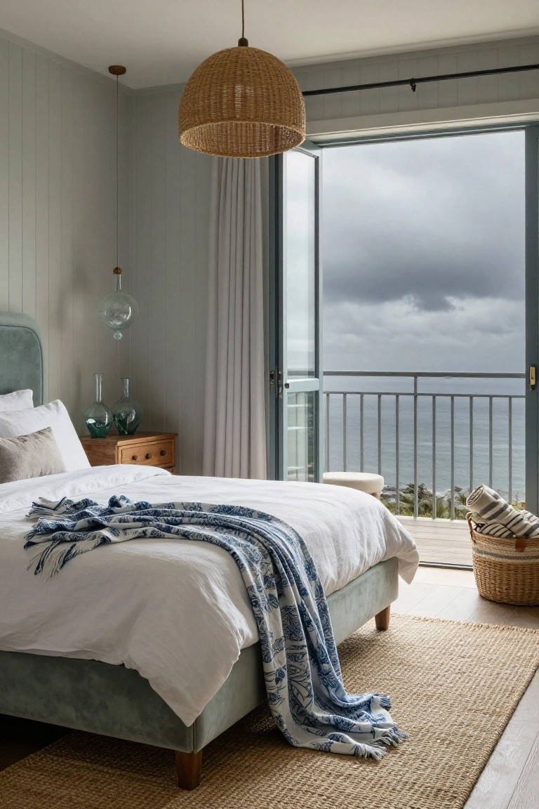 Bedroom with sage green velvet upholstered bed frame and headboard, white bedding draped with blue and white throw, open glass doors to balcony overlooking gray ocean and clouds, rattan pendant light overhead, glass vases on wooden nightstand.