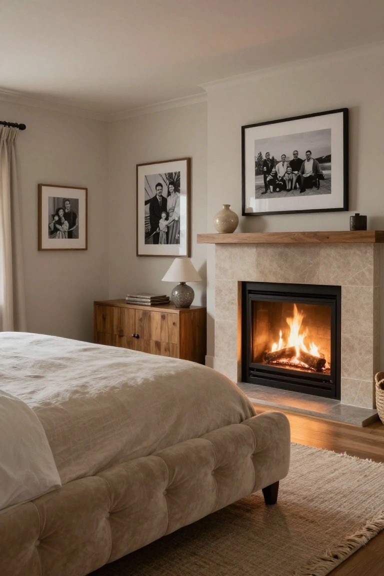 A beige tufted velvet-upholstered bed frame in a bedroom with a lit gas fireplace, wooden dresser, lamp, vase on mantel, and black-and-white family photos on walls.