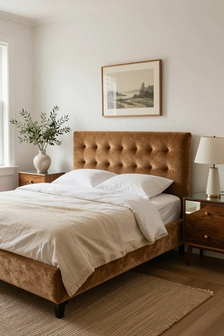 A bedroom with a tufted cognac velvet bed frame, white linens and pillows, wooden nightstands, a white ceramic lamp and vase of olive branches, and a framed sepia landscape print on a white wall.