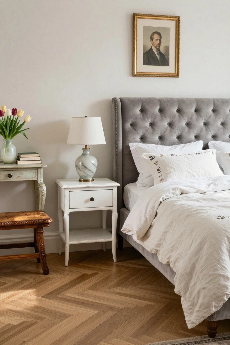 Bedroom corner with gray tufted velvet upholstered bed frame and white linens, white nightstand holding marble lamp, painted console table with vase of tulips and books, gold-framed portrait on wall, and herringbone wood floor.