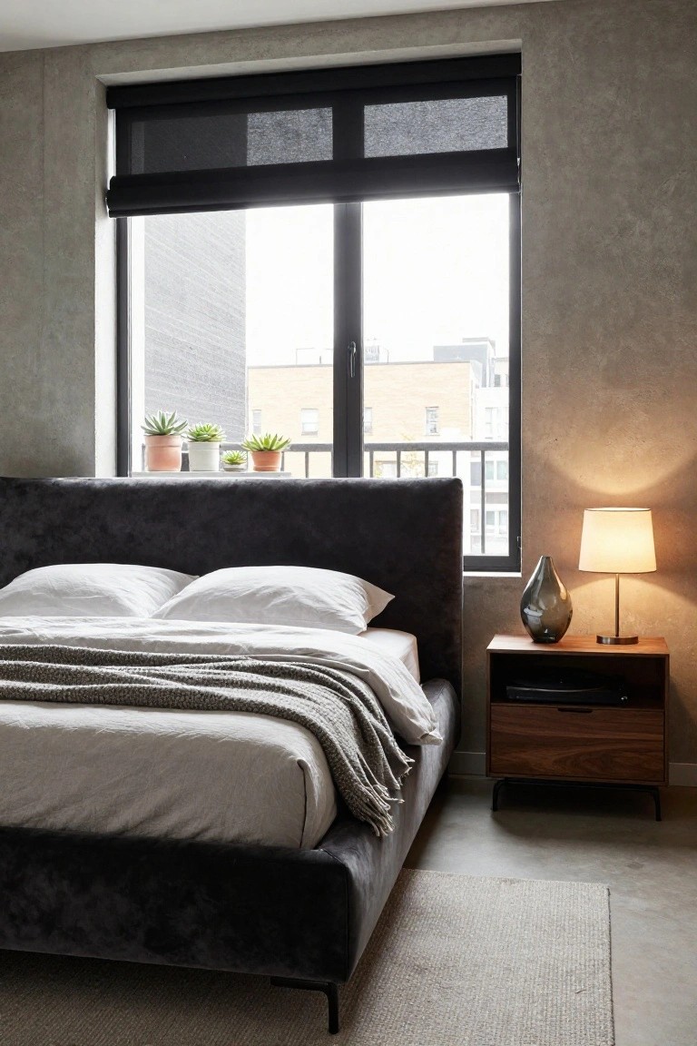 Modern bedroom with black velvet upholstered bed frame, white sheets and gray throw blanket, walnut nightstand holding lamp and smoked glass vase, potted succulents on windowsill, large black-framed window showing brick buildings, textured concrete walls.