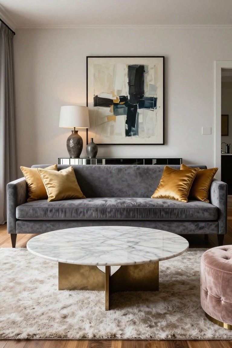 A grey velvet sofa with yellow satin pillows in a modern living room with a mirrored console, ceramic vases, abstract wall art, round white marble coffee table on brass base, pink velvet ottoman, and neutral rug on wood floors.