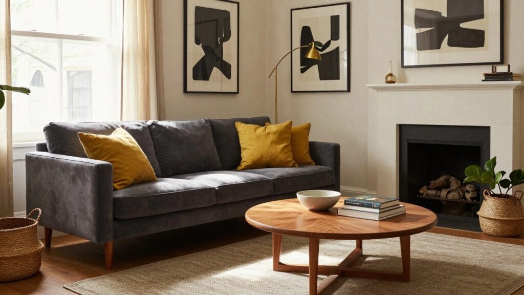 19 Grey and Yellow Sofa Living Room Ideas for a Bright Contrast A cozy living room with a charcoal grey velvet sofa piled with yellow throw pillows, an oval wooden coffee table topped with books and a white bowl, a large fiddle leaf fig plant, abstract black and terracotta wall art, a gold arc lamp, sheer curtains on a window, a white fireplace, and a beige rug on hardwood floors.