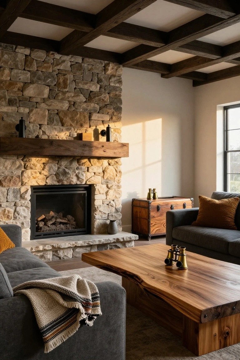 Living room with exposed wood beam ceiling, stacked stone fireplace with gas logs, gray L-shaped sofa with orange-yellow pillows and woven throw, live-edge wood coffee table, wooden trunk side table, and window light.