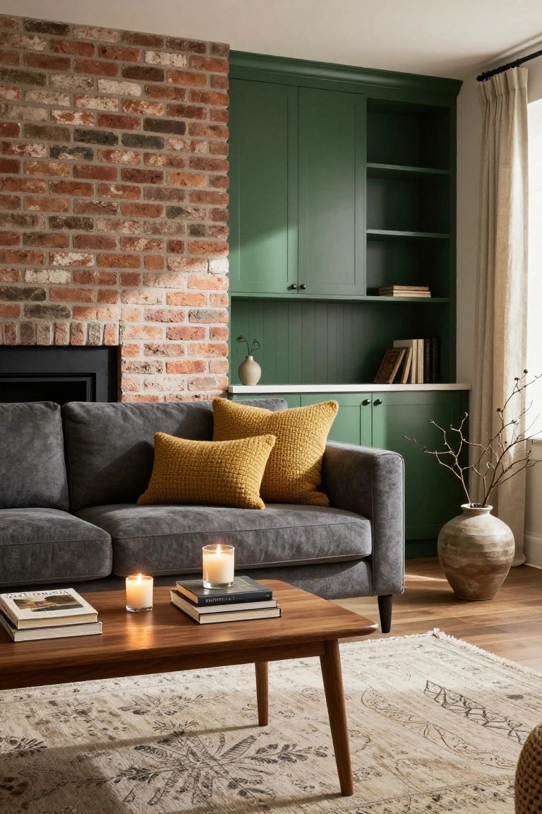 Living room with charcoal grey velvet sofa topped by two large yellow knit pillows, positioned before a brick fireplace flanked by green built-in cabinets, a wooden coffee table holding books and candles, and a beige patterned rug on hardwood floor.