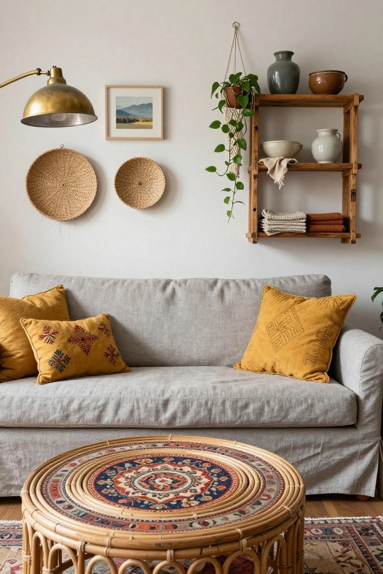 Light grey slipcovered sofa with two mustard yellow embroidered pillows against a white wall, wooden shelves holding ceramics and plants, rattan coffee table with colorful top, and patterned rug on wooden floor.