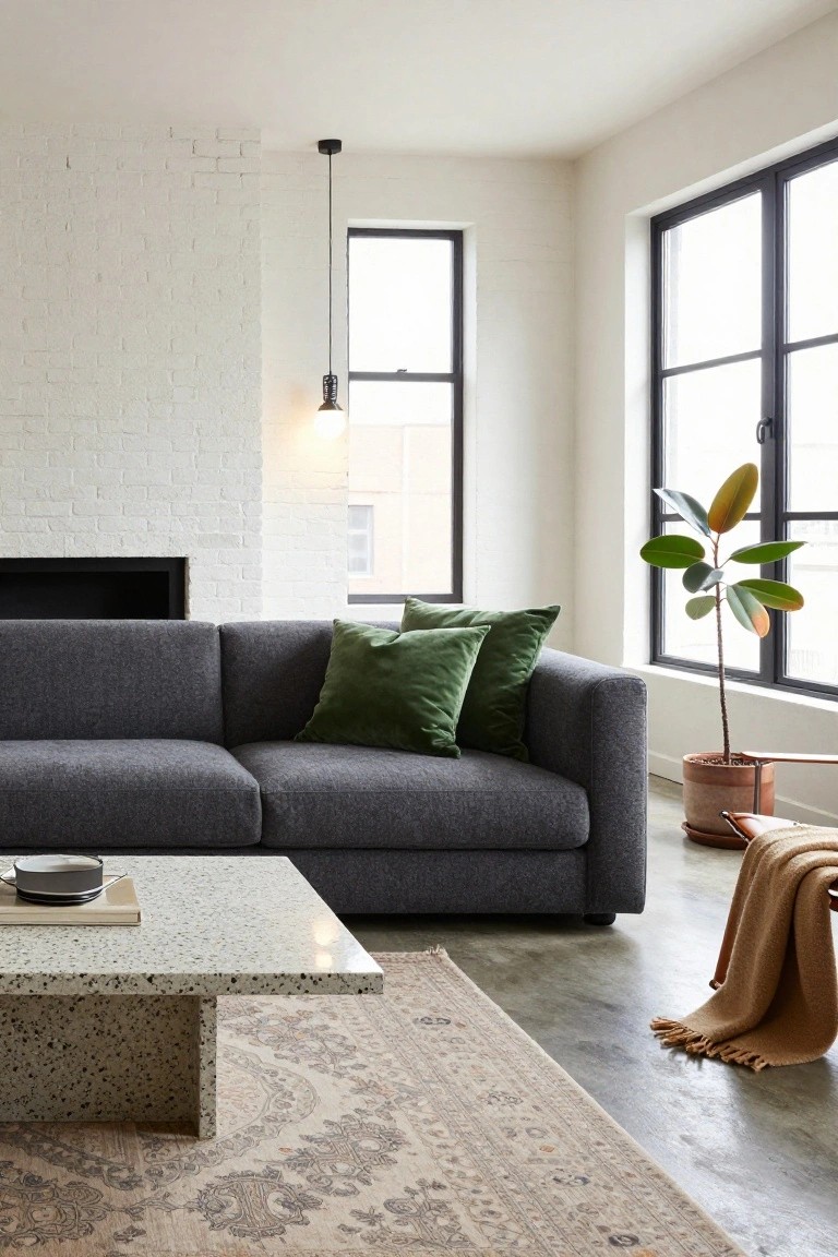 Modern interior of a living room corner with dark grey L-shaped sofa piled with green cushions, white-speckled terrazzo coffee table, tall potted plant in terracotta pot, orange throw blanket on wood stool, white brick accent wall with black fireplace, large black-framed windows, and beige patterned rug on polished concrete floor.