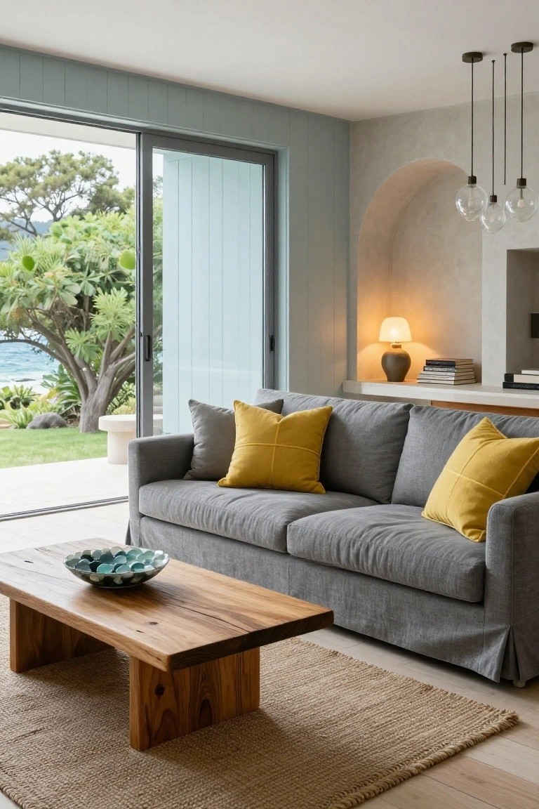 Living room with light grey linen sofa and yellow square pillows, low wooden coffee table holding a blue glass bowl with glass pebbles, seagrass rug on light wood floor, and sliding glass doors to tropical garden and ocean view.