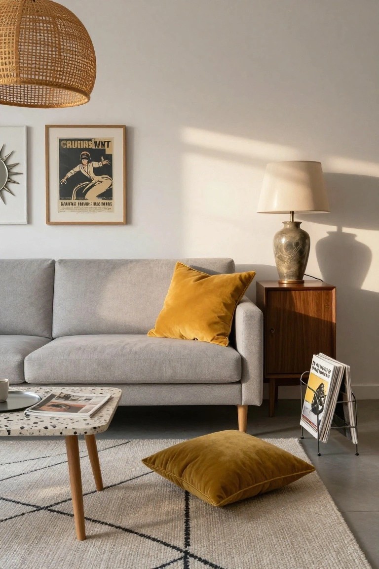 Light grey sofa with mustard yellow velvet pillows on it and one on the floor, next to a wood side table with lamp and magazine rack, terrazzo coffee table, black and white rug, rattan pendant light, and vintage poster on white wall.