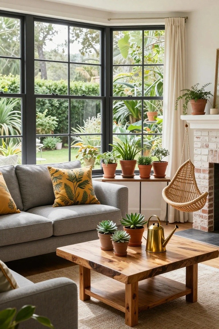 Living room with grey sofa topped by yellow leaf-print pillows, wooden coffee table holding potted succulents and a metal watering can, various houseplants on shelves and windowsills, rattan hanging chair, and large black-framed windows showing garden view.