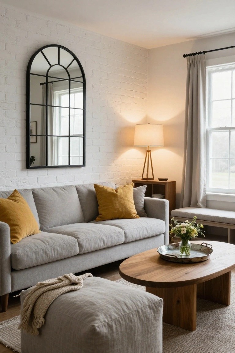 Light gray three-seater sofa with yellow pillows on a white brick wall in a living room with black arched mirror, tripod floor lamp on wood side table, wooden oval coffee table, linen pouf, bench, and window with beige curtains.