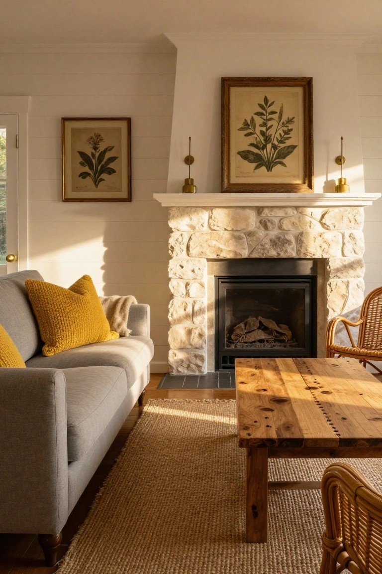 Living room with a light gray sofa topped by large mustard yellow pillows and a cream throw, facing a beige stone fireplace, wooden coffee table, rattan chair, seagrass rug, and botanical prints on white walls.