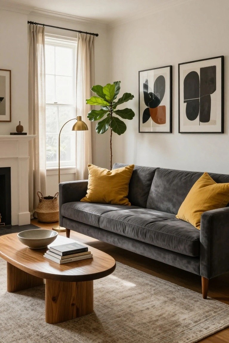 A cozy living room with a charcoal grey velvet sofa piled with yellow throw pillows, an oval wooden coffee table topped with books and a white bowl, a large fiddle leaf fig plant, abstract black and terracotta wall art, a gold arc lamp, sheer curtains on a window, a white fireplace, and a beige rug on hardwood floors.
