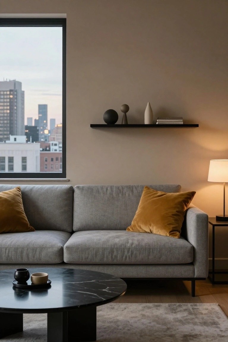 Light grey fabric sofa with mustard yellow velvet pillows in a minimalist living room, black marble round coffee table with black cup and beige bowl on saucer, floating shelf with black sphere, ceramics, white vase and books, beige lamp on metal table, large window with city skyline view, neutral walls and beige rug on wood floor.
