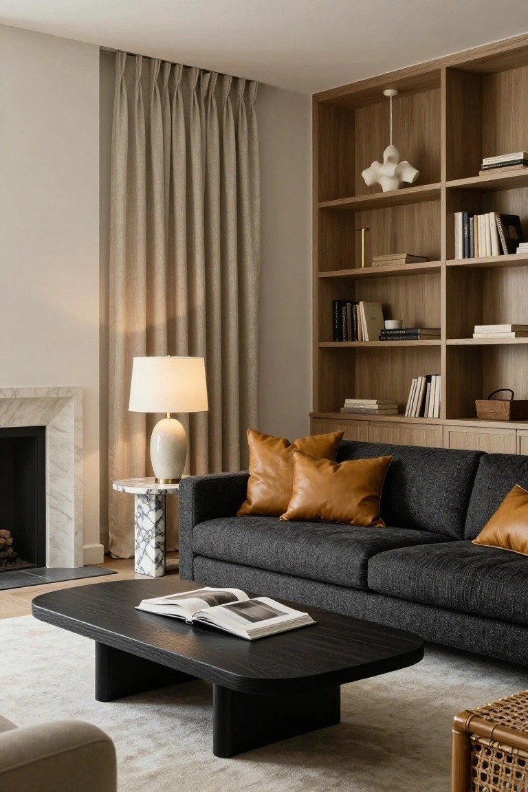 A living room with a dark grey fabric sofa topped with orange leather pillows, a black oval coffee table holding an open book, marble side table with lamp by a fireplace, wooden bookshelves, and beige curtains.