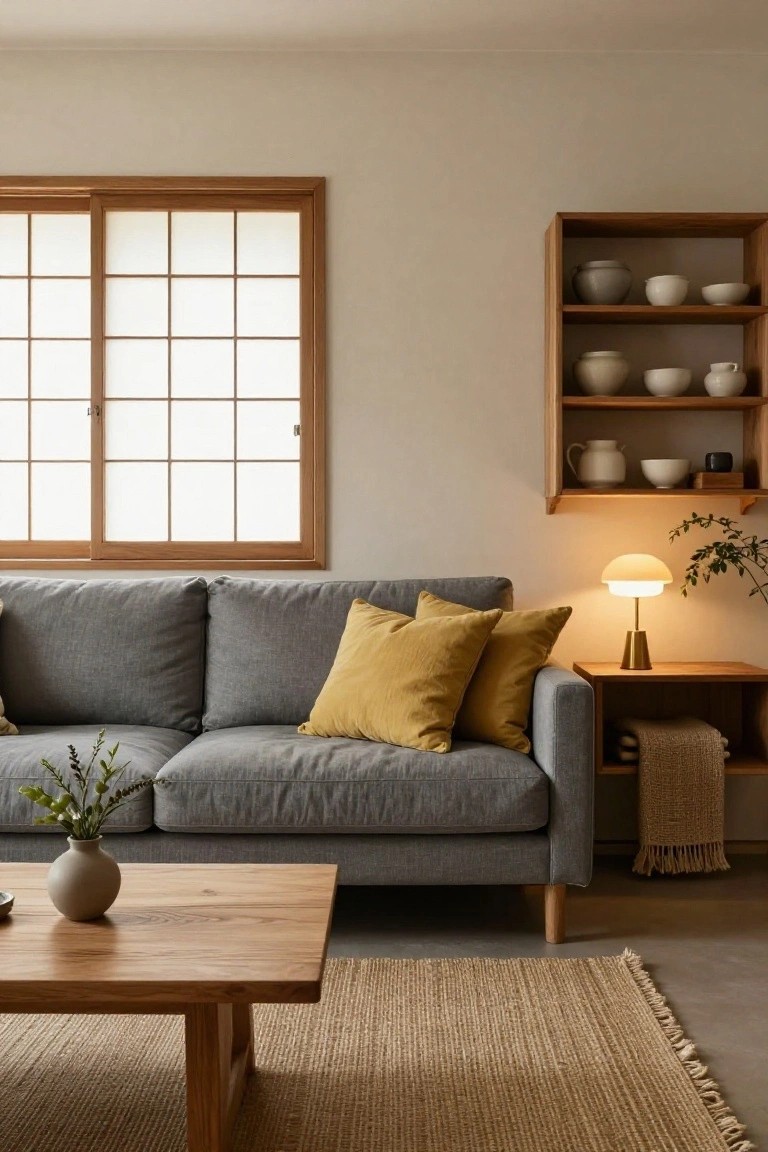 Light gray sofa with multiple mustard yellow pillows in a minimalist living room featuring shoji window, wooden coffee table and side table, yellow lamp, beige rug, and wooden shelves with white ceramics.