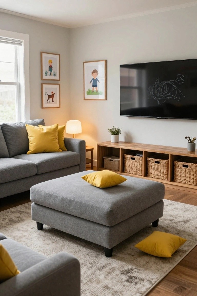 Light gray living room with L-shaped gray sofa and square ottoman covered in yellow pillows, wooden TV console with woven baskets and plants below a wall-mounted black TV, framed artwork of children and dogs on walls, and beige rug on hardwood floor.