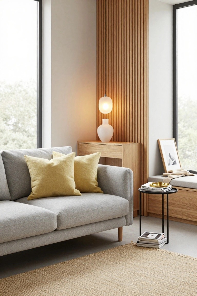Corner of a modern living room with light grey sofa topped by yellow pillows, wooden credenza with white vase and lamp, black metal side table with books, beige rug, slatted wood wall, and large windows.