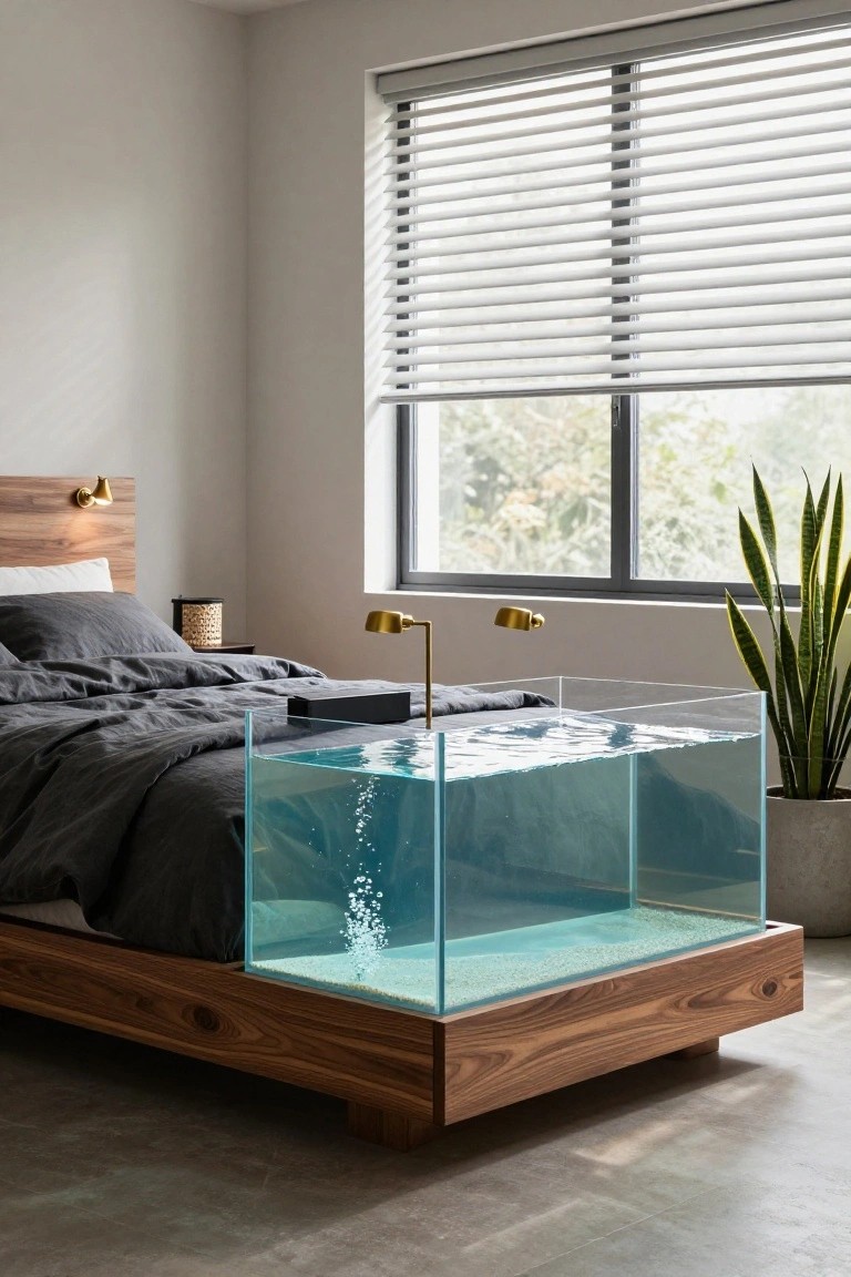 Modern bedroom with a wooden platform bed that has a large transparent aquarium built into the base containing water, bubbles, and sand substrate, gray linens on the mattress, bedside lamps, and a potted snake plant nearby.