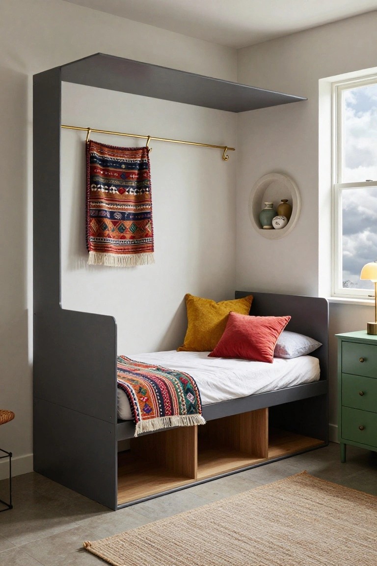 Grey framed single bed with overhead canopy, gold hanging rail draped with colorful woven textile, storage cubbies underneath, pillows and patterned bedding, in a light room with window and green dresser.