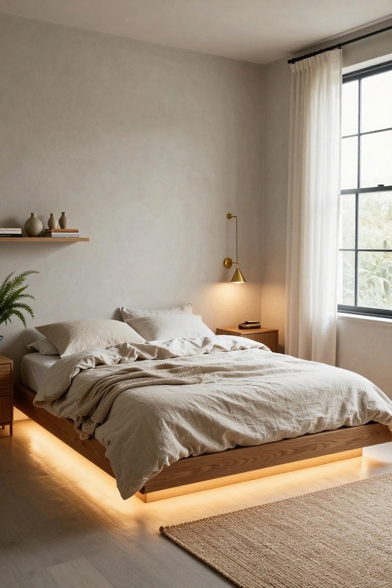 A minimalist bedroom with low oak platform bed featuring warm LED lighting underneath, white linen bedding, wooden nightstand, potted fern, floating shelves, and large window with sheer curtains.