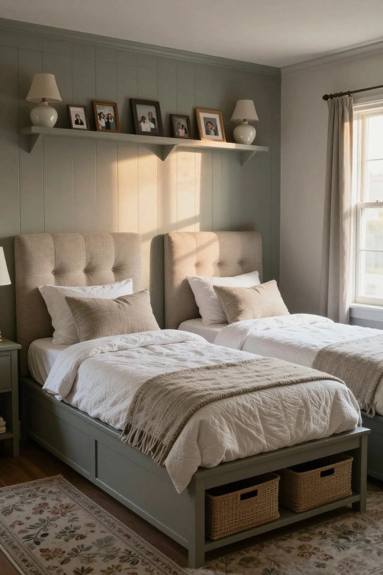 Two twin platform beds with gray frames and beige tufted headboards in a sage green paneled bedroom, each with pairs of wicker storage baskets underneath, neutral bedding, a shelf of family photos above, and a bedside lamp.
