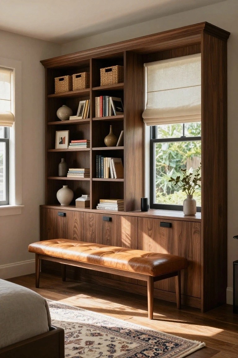 Tall wooden built-in shelving unit with open shelves holding books and baskets, lower cabinets, and a tan leather bench seat in front of a window in a bedroom with a low bed nearby.