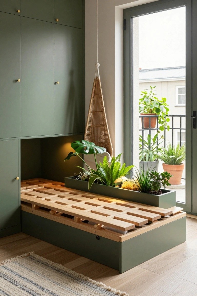 Green cabinetry with integrated low wooden slatted bed platform, topped by a planter of various plants, next to sliding doors opening to a balcony.