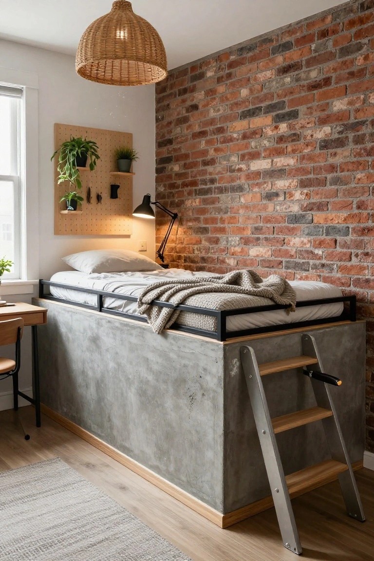 A single bed elevated on a large gray concrete platform with attached metal ladder and wooden treads, in a room with brick accent wall, pegboard, desk, and plants.