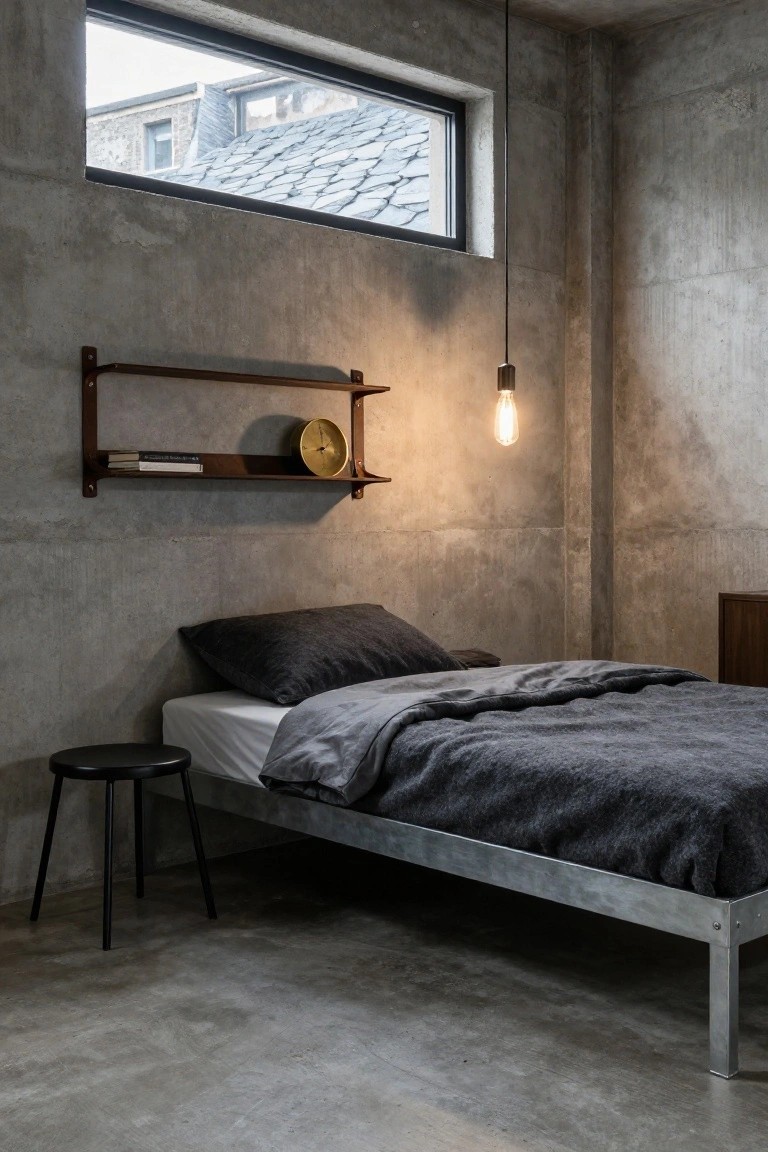 Minimalist bedroom with gray concrete walls and floor, metal bed frame holding dark gray bedding and pillows, wall-mounted wooden shelves with books and gold clock, black stool, hanging bulb light, and high window showing exterior tiled roofs.