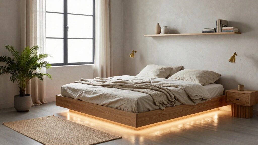 A minimalist bedroom with low oak platform bed featuring warm LED lighting underneath, white linen bedding, wooden nightstand, potted fern, floating shelves, and large window with sheer curtains.