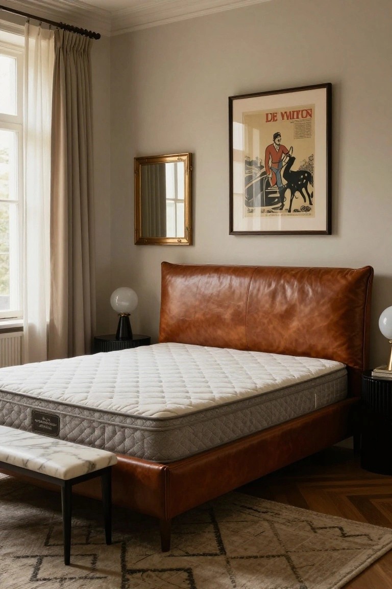Bedroom interior with a brown leather upholstered bed frame and padded headboard, white quilted mattress, black bedside tables with white globe lamps, marble bench at foot, sheer curtains on window, gold mirror, vintage poster on wall, and herringbone wood floor with beige rug.