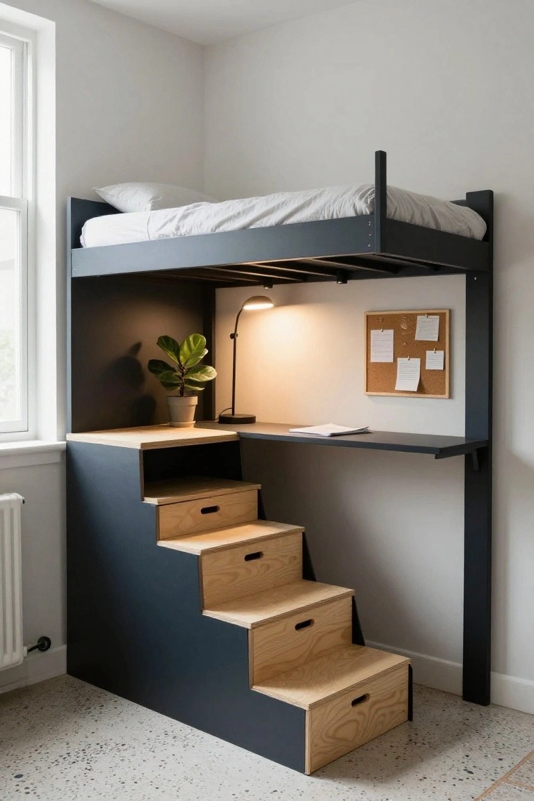 Corner loft bed in matte black with birch plywood stairs featuring drawer fronts, a desk shelf below, potted plant, lamp, and corkboard on white walls.