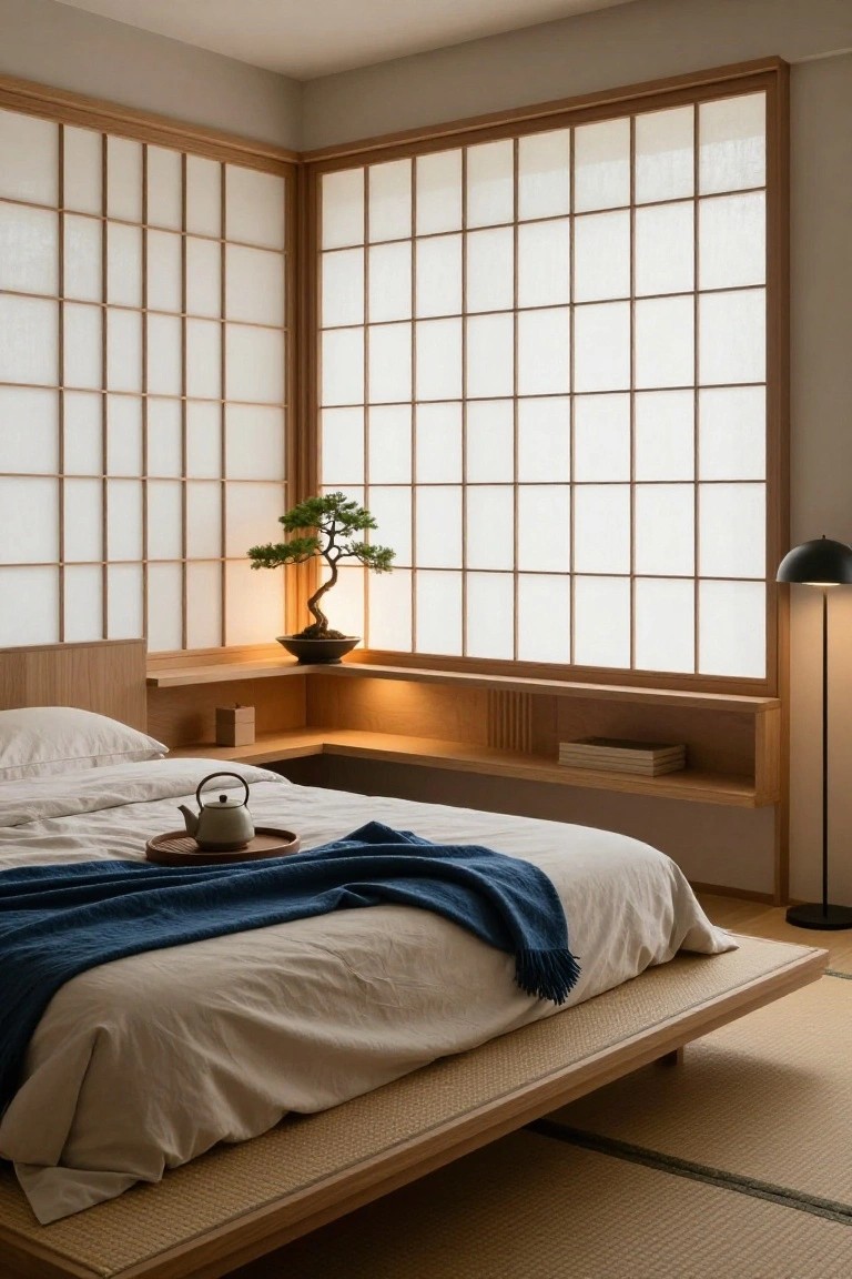 Minimalist bedroom interior with a low wooden platform bed integrated into corner built-in oak shelves holding a bonsai tree and teapot, shoji screens on windows, blue throw blanket on bed, and tatami mat floor.