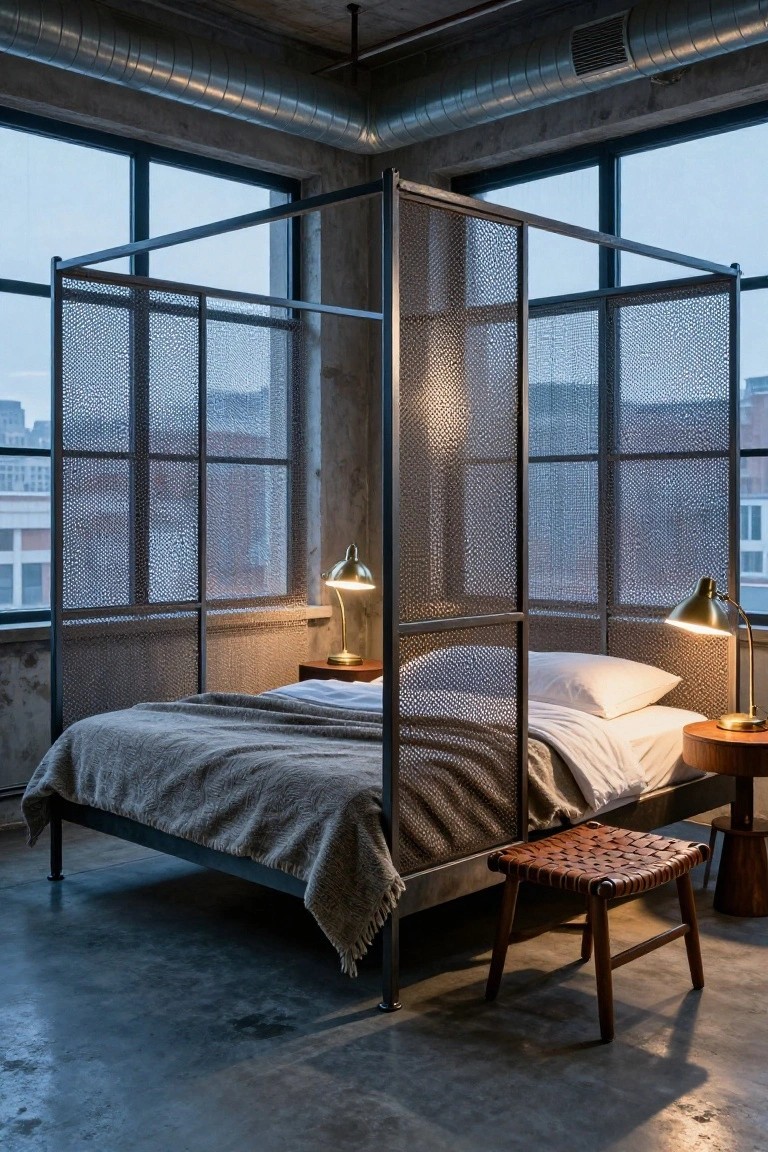 Industrial loft bedroom corner with black metal bed frame featuring mesh side panels, gray throw blanket on bed, two brass arched lamps on nightstands, wood stool, and large factory windows with city view.