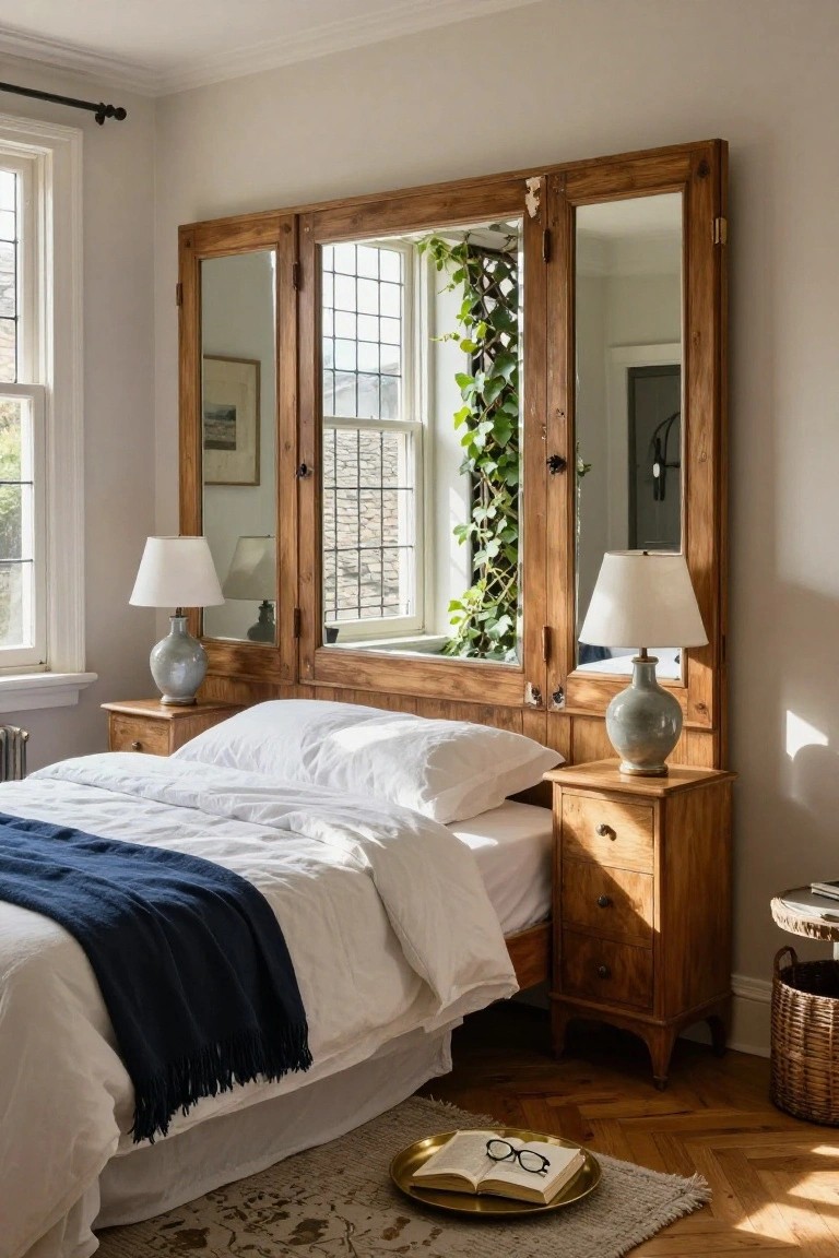 A bedroom with a bed against a large wooden headboard made from an antique armoire featuring three mirrored panels and open doors, flanked by matching wooden nightstands with ceramic lamps, near a window with ivy plants.