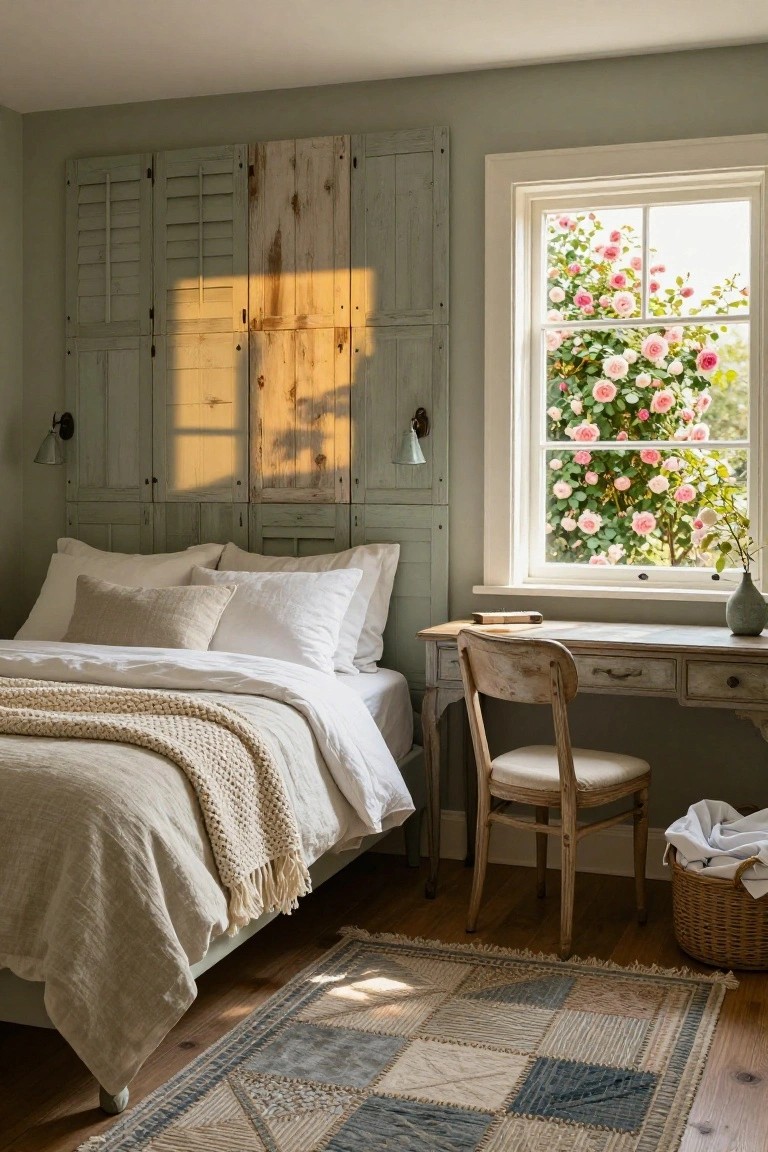 A bedroom with a white bed and neutral bedding against a wall of green shutters, a wooden desk and chair nearby, and a window showing pink climbing roses outside.