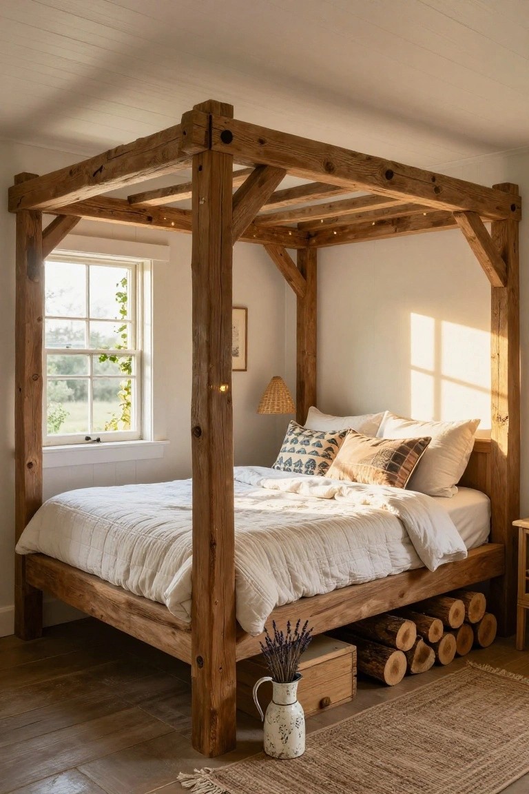 Bedroom with a large four-poster bed frame made of thick wooden beams, white textured bedding, an ivy-covered window, rattan lamp, and stacked firewood on the floor.