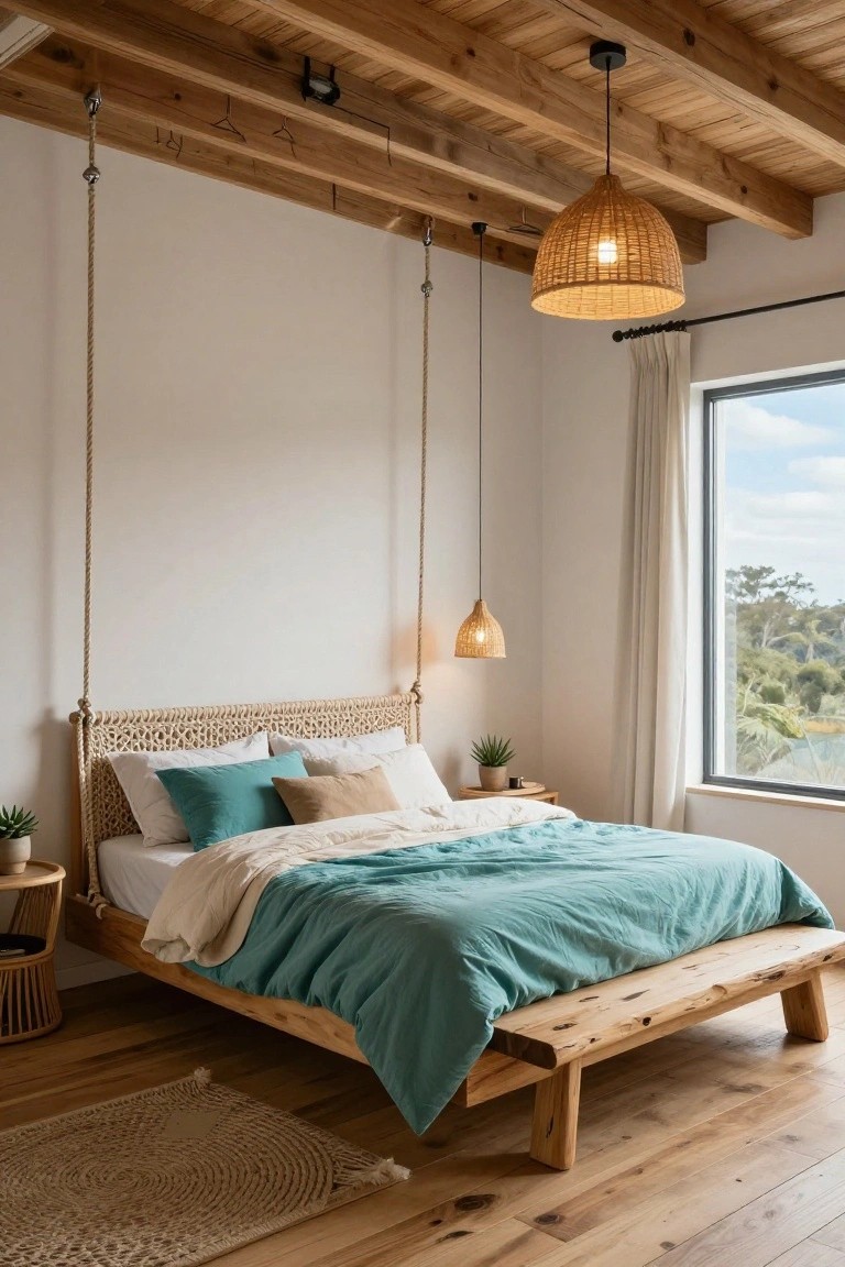 Bedroom with wooden ceiling, rattan headboard suspended by ropes, platform bed with teal bedding and white pillows, rattan side table with plants, pendant lights, and window overlooking landscape.