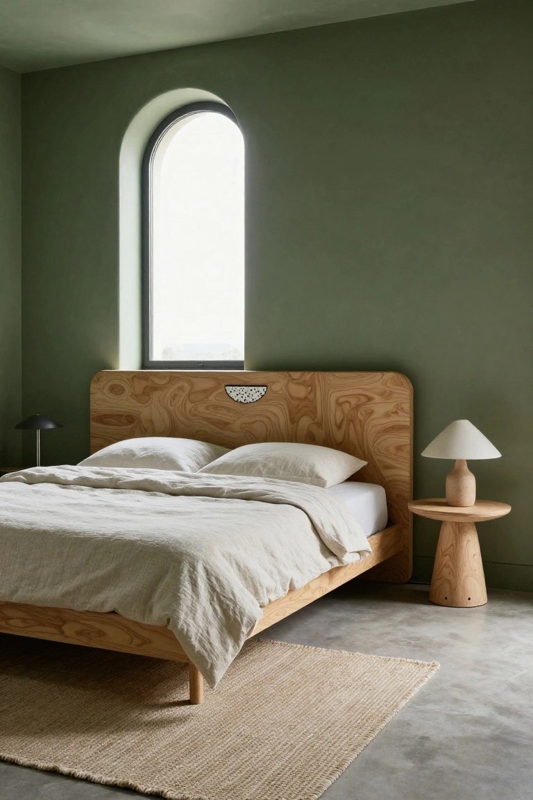 Bedroom with sage green walls, arched black-framed window, wooden bed frame featuring wavy plywood headboard with white speckled ceramic half-moon insert, white linen bedding, two bedside lamps on wooden tables, seagrass rug, and polished concrete floor.