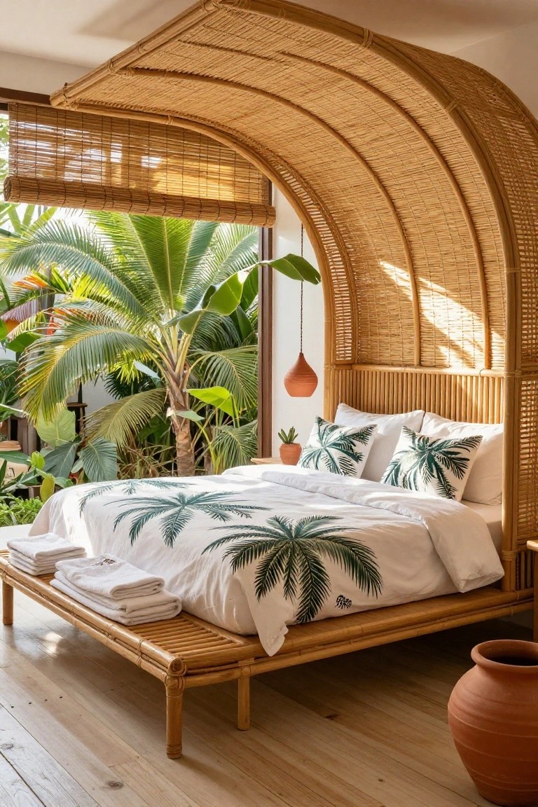 A bedroom with a low platform bed under a large arched wicker canopy, white duvet cover printed with green palm leaves, folded white towels on a bamboo bench, and tropical plants visible through bamboo blinds.