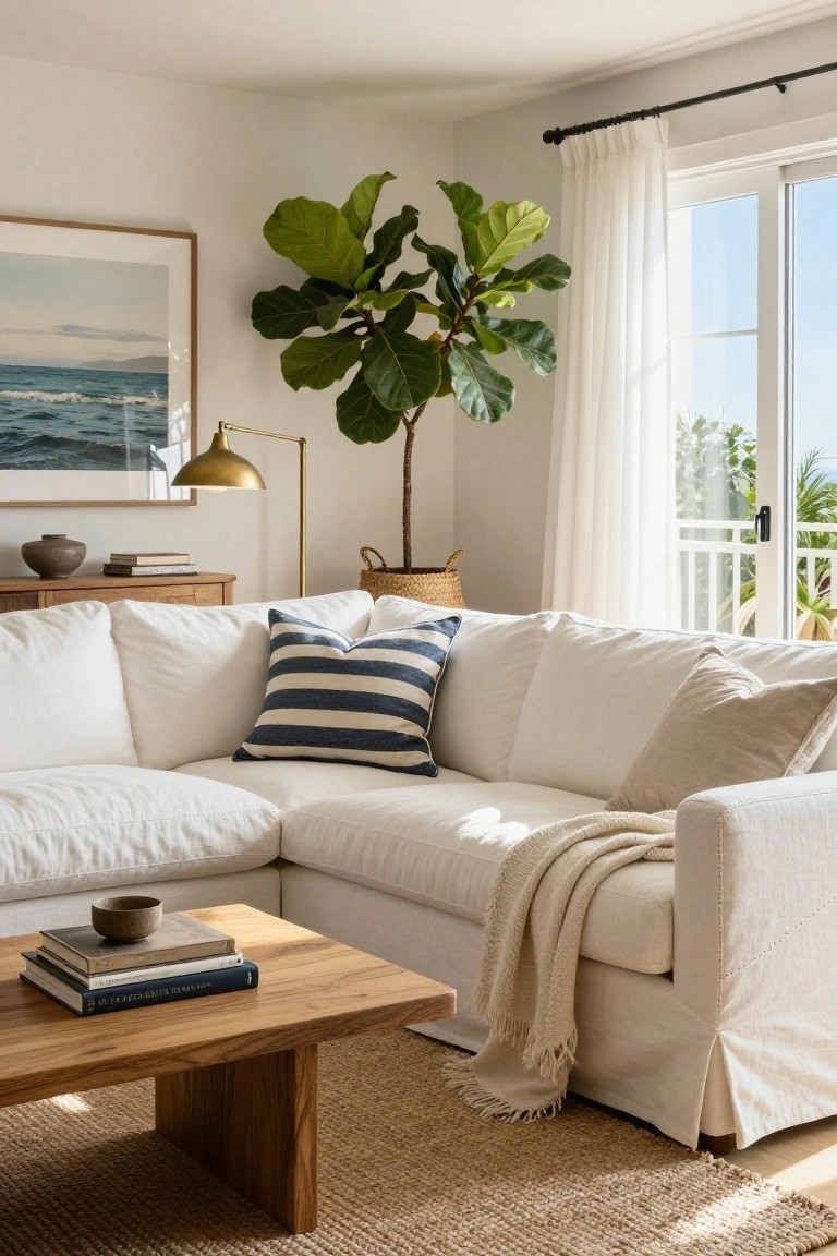 White L-shaped linen sectional sofa in a bright living room corner with wooden coffee table, stacked books, potted fiddle leaf fig plant, and large framed ocean artwork beside sheer-curtained sliding glass doors.