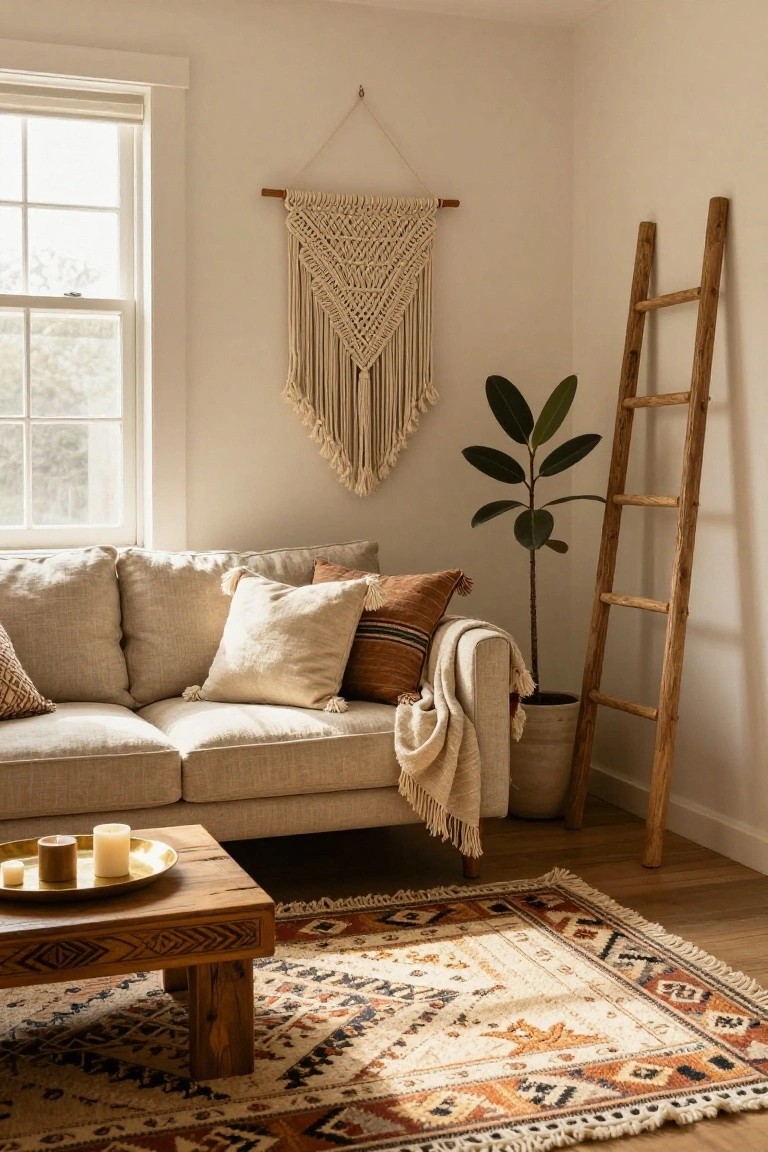 Cozy living room with beige sofa, macrame wall hanging, wooden ladder, and patterned rug.