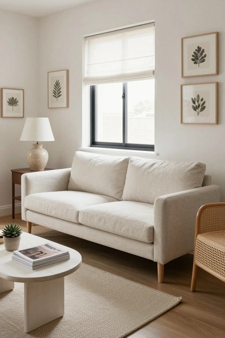 Cream linen two-seater sofa in a white-walled living room corner with sheer roller blinds on black-framed window, wooden side table and lamp, white round coffee table holding magazines and potted succulent, rattan armchair, beige rug, and framed leaf prints on walls over light wood floors.
