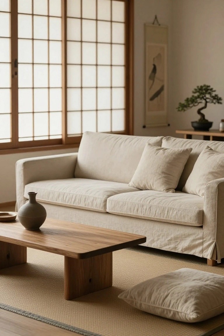 A light beige linen sofa in a minimalist room with shoji screen windows, low wooden coffee table holding a ceramic vase, bonsai tree on a side table, hanging scroll, and beige floor cushion on a tan rug.