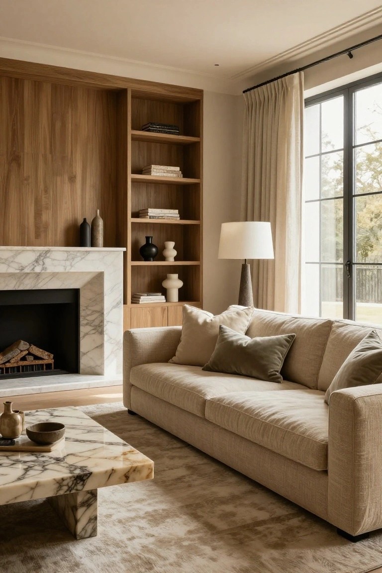 A light beige linen sofa with neutral cushions in a living room featuring wood-paneled walls, a marble fireplace with logs, marble coffee table, bookshelves, lamps, and large windows with cream curtains overlooking greenery.