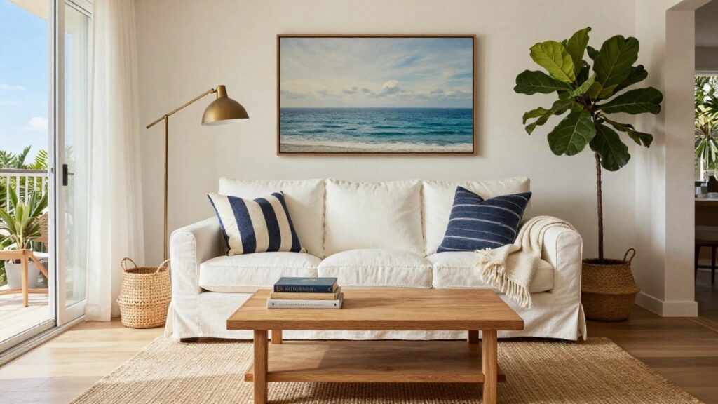 White L-shaped linen sectional sofa in a bright living room corner with wooden coffee table, stacked books, potted fiddle leaf fig plant, and large framed ocean artwork beside sheer-curtained sliding glass doors.